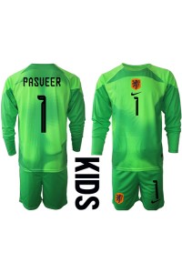 Fotbalové Dres Holandsko Remko Pasveer #1 Brankářské Dětské Domácí Oblečení MS 2022 Dlouhý Rukáv (+ trenýrky)